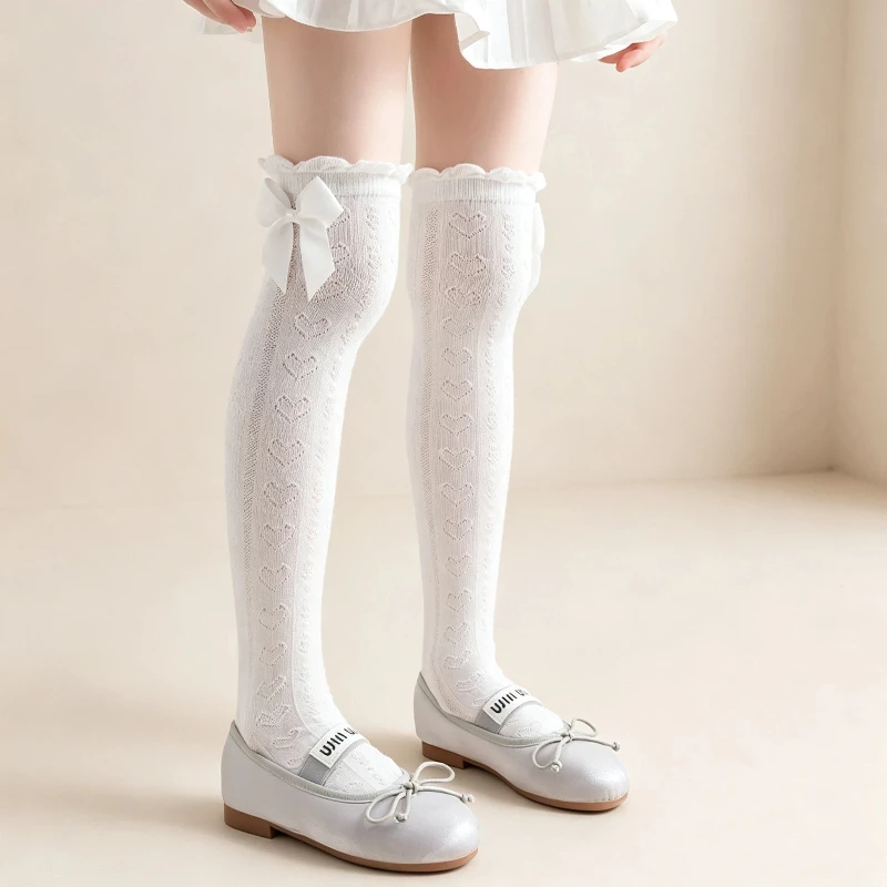 Lovely Kids Summer Over The Knee Socks Delicate Mesh Anti Mosquito Heart Jacquard Bow Detail Comfort Soft Elastic Long Stockings