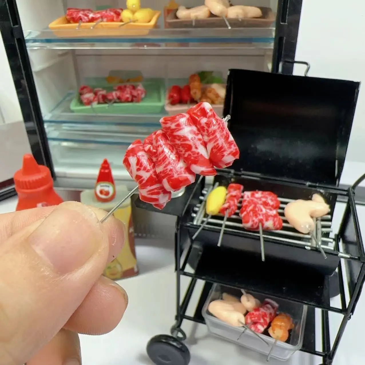 New 1/12Miniature Supermarket food simulation kabob beef sausage corn mushroom for Doll House Mini Kitchen Clay food Accessories