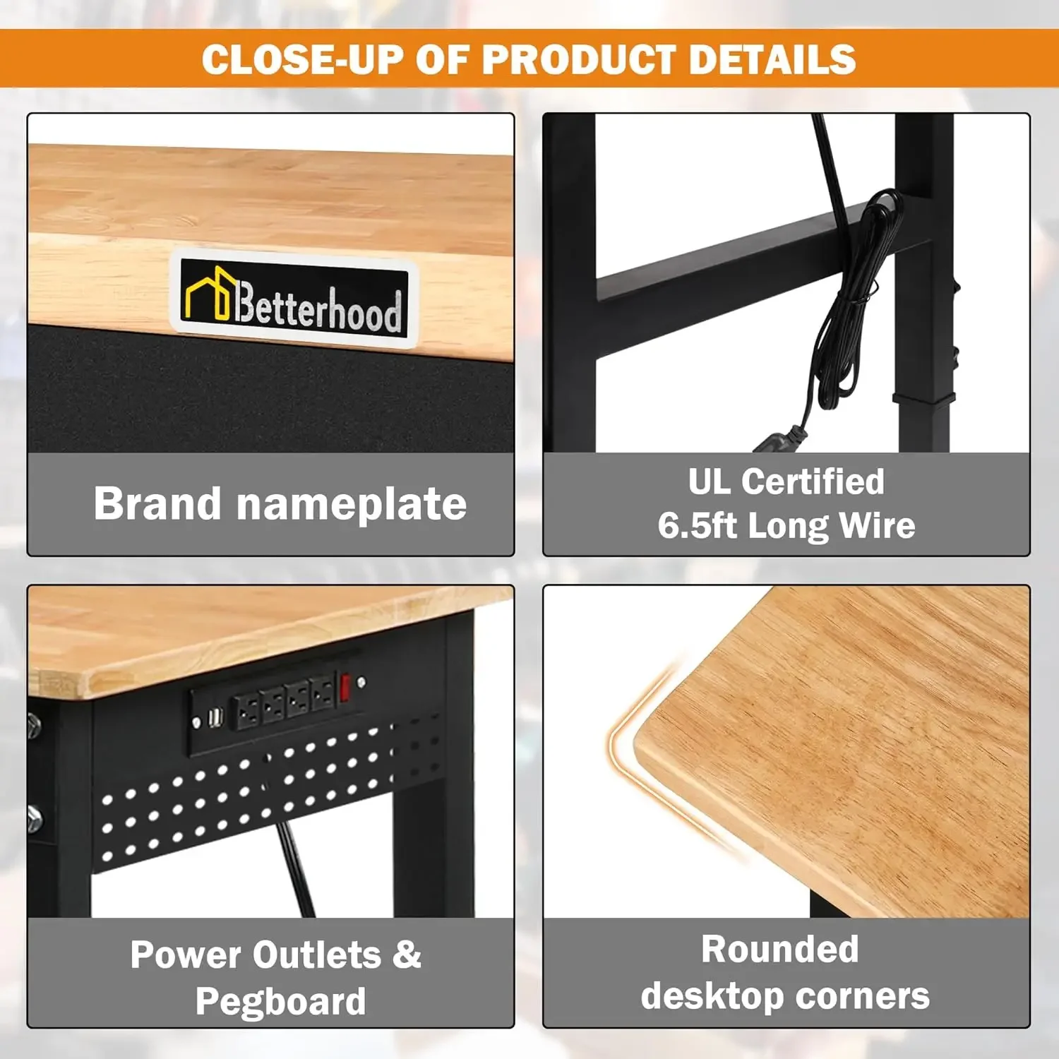 70" Adjustable Height Workbench 2000 LBS Heavy Duty Work Table with Power Outlets & Pegboard Rubber Wood Workstation Garage