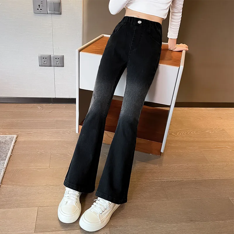 New Spring Autumn Teens Girl Clothes Denim Jeans Fashion Gradient Tight flared Pant Child High Elastic Waist 4-15 Years