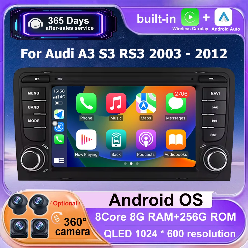 Car Radio Multimedia Video Player GPS Navigation Stereo Touch Screen For Audi A3 8P 2003-2012 S3 RS3 Android 16 Auto CarPlay 7''