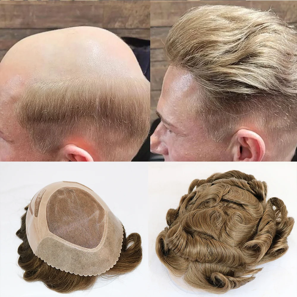 

Blonde Toupee For Men Human Hair System Durable Fine Mono Lace Men Replacement Wig Hair System PU Poly Skin Around