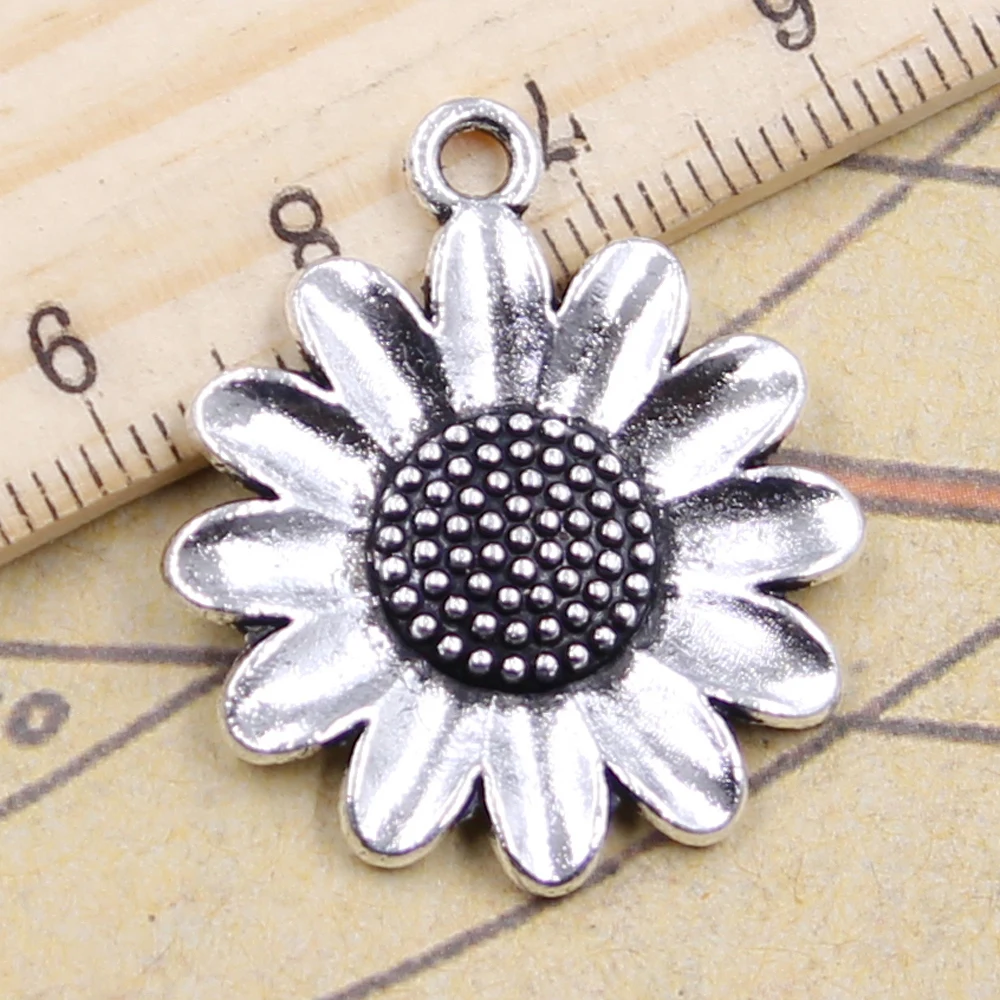 10 dijes de piezas de flor de girasol de 30x26mm, colgantes de Color plata tibetana, fabricación de joyas antiguas, artesanía hecha a mano DIY