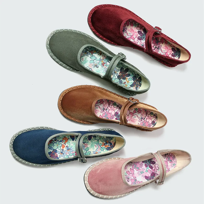 

2026 Spring Floral Velvet Mary Jane Flats Women Metal Buckle Stitching Design Ballet Flats Comfortable Soft-Sole Women Shoes