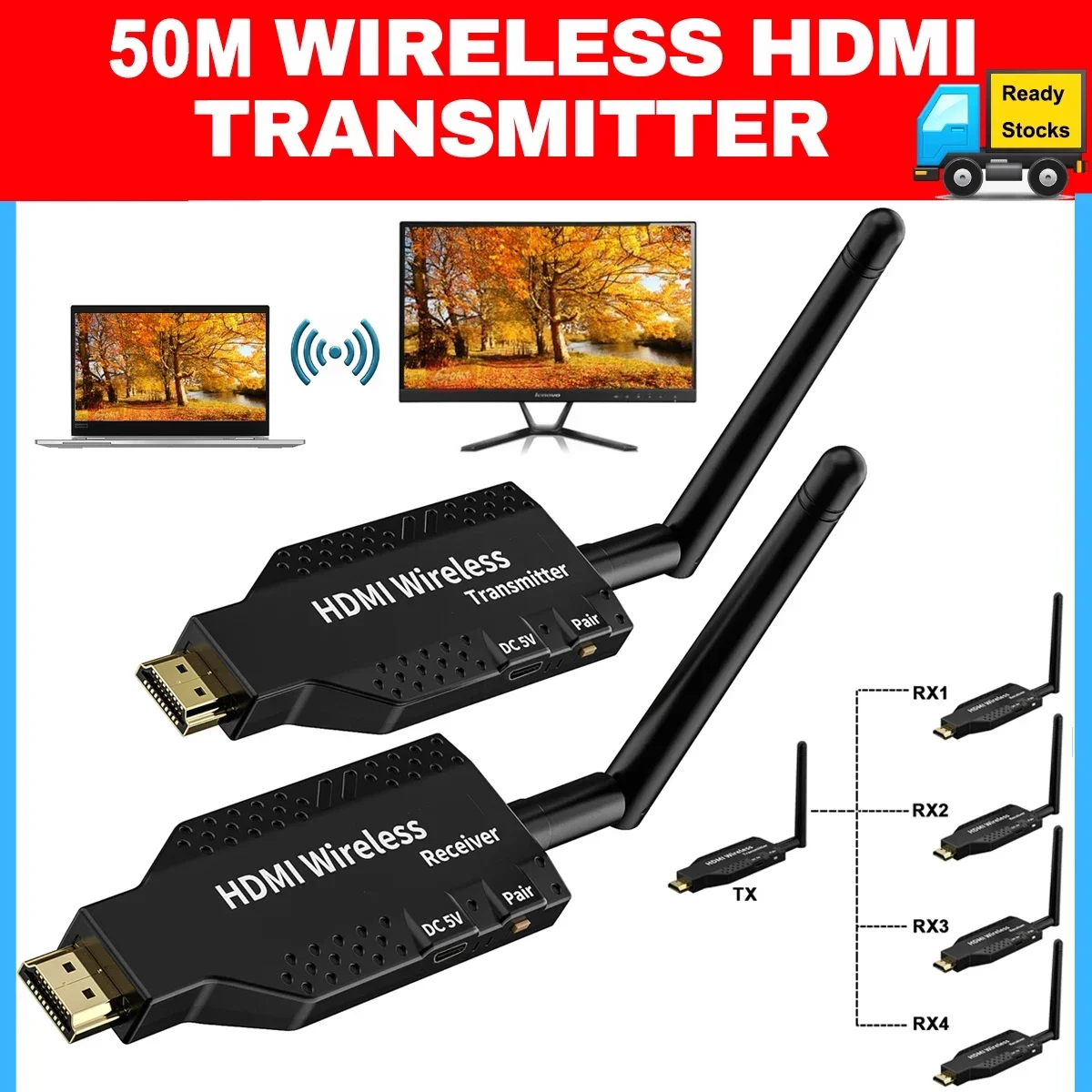 

50m Wireless HDMI Extender Same Screen Display Adapter Video Transmitter Receiver Share for PS4 Camera Laptop PC To TV Projector