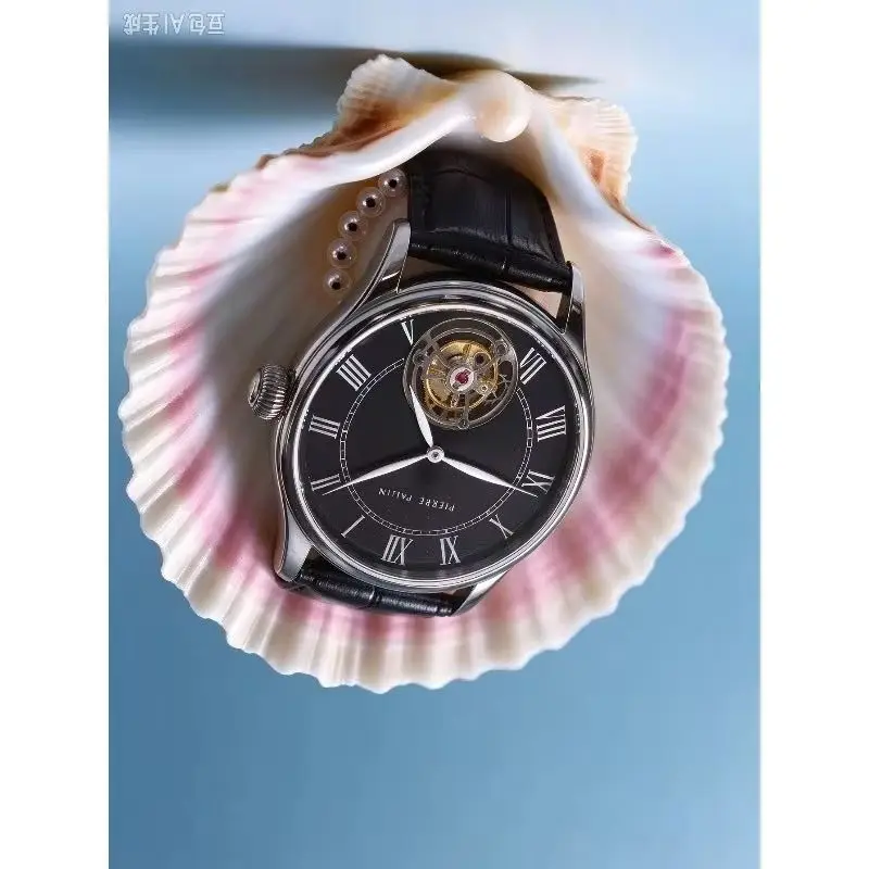 Reloj de pulsera para hombre con esfera esmaltada, movimiento mecánico manual tipo tourbillon, de lujo ligero, para negocios, oficial.
