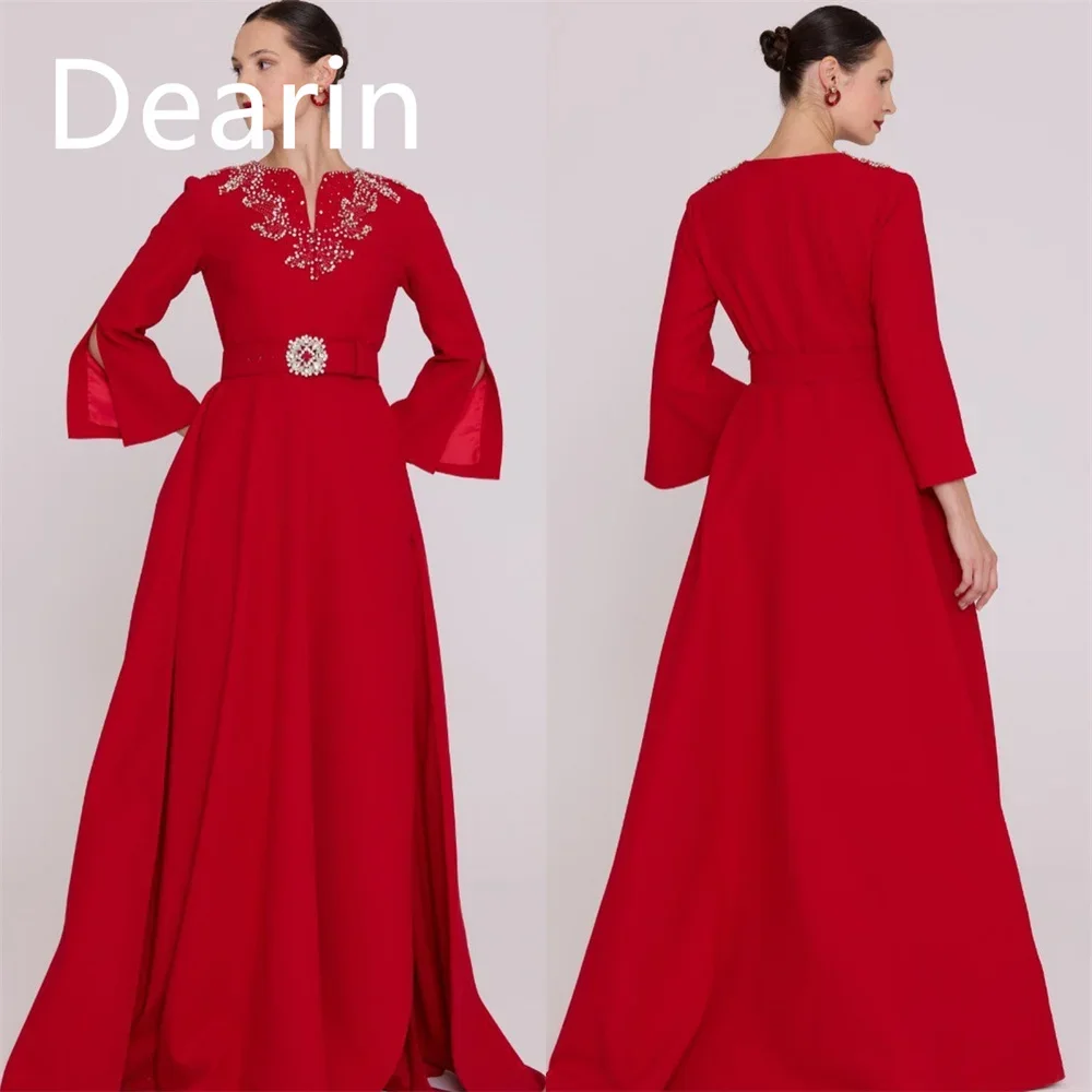 

Customized Formal Dress Dearin V-neck A-line Floor Length Skirts Ribbon Bespoke Occasion Dresses Prom Evening Gown Saudi Arabia