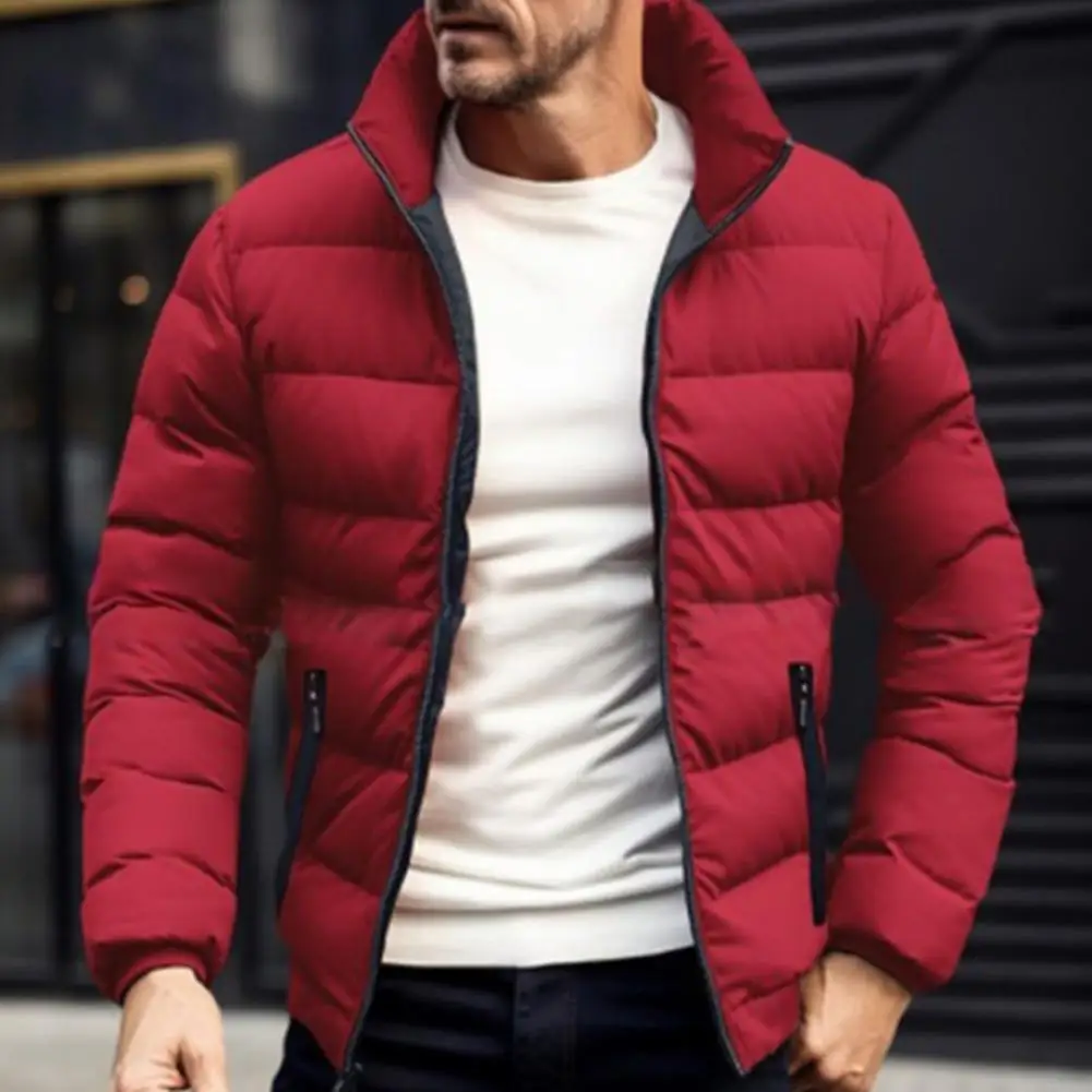 เสื้อโค้ทเข้ารูปใส่สบายสำหรับผู้ชายเสื้อแจ็กเก็ตผ้านวมพร้อมกระเป๋าข้างคอตั้งสำหรับผู้ชายเสื้อคลุมสีทึบมีซิปปิด