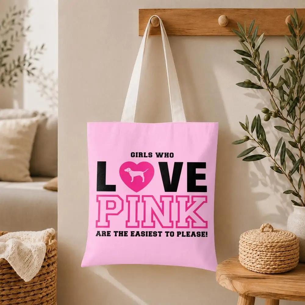 Fashion Love Art Pink Design Storage Bags Large Capacity Canvas Tote Bag Double-Sided Print Shoulder Handbag for Daily Shopping