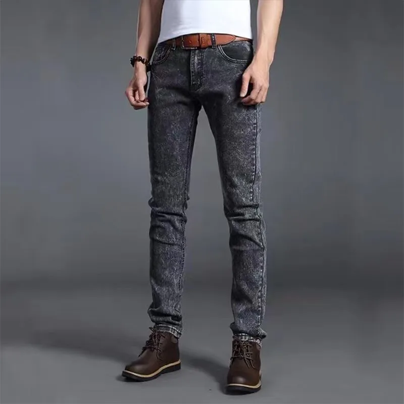 Men Denim Jeans Cotton Stretch Daily Slim Denim Pants Classic Daily All Seasons Light Blue Black Color Male Pencil Pants