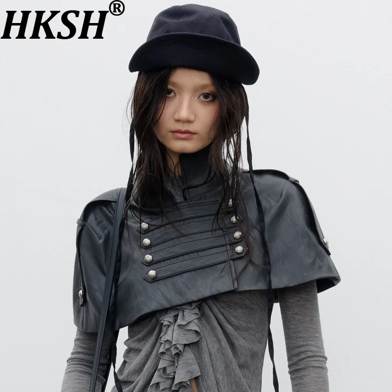 HKSH Women PU Leather Cape Coat Vintage Dark Style Patchwork Double Breasted Design Fashion High Street Punk Short Cloak HK27578