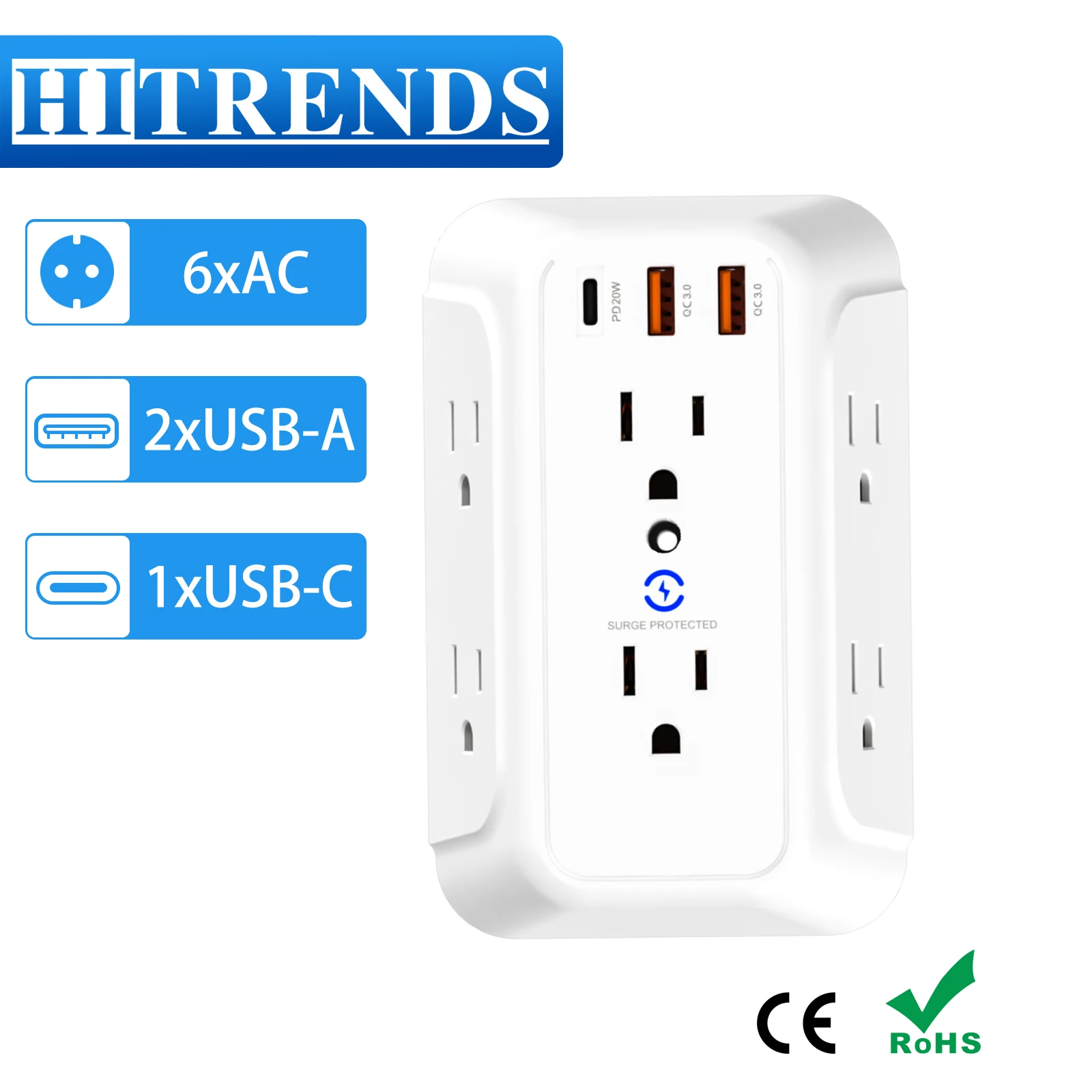 

Настенная розетка Mini USB, вилка для преобразования перенапряжения, многоразъемная розетка с 6 розетками переменного тока, 2 USB-порта, 1 тип C, зарядка для дома