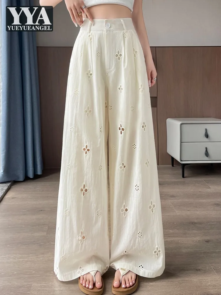 

Lady Office Summer Hollow Out Embroidery Pants Fashion Design Wide Leg Pants High Waist Loose Fit Elegant Women Casual Trousers