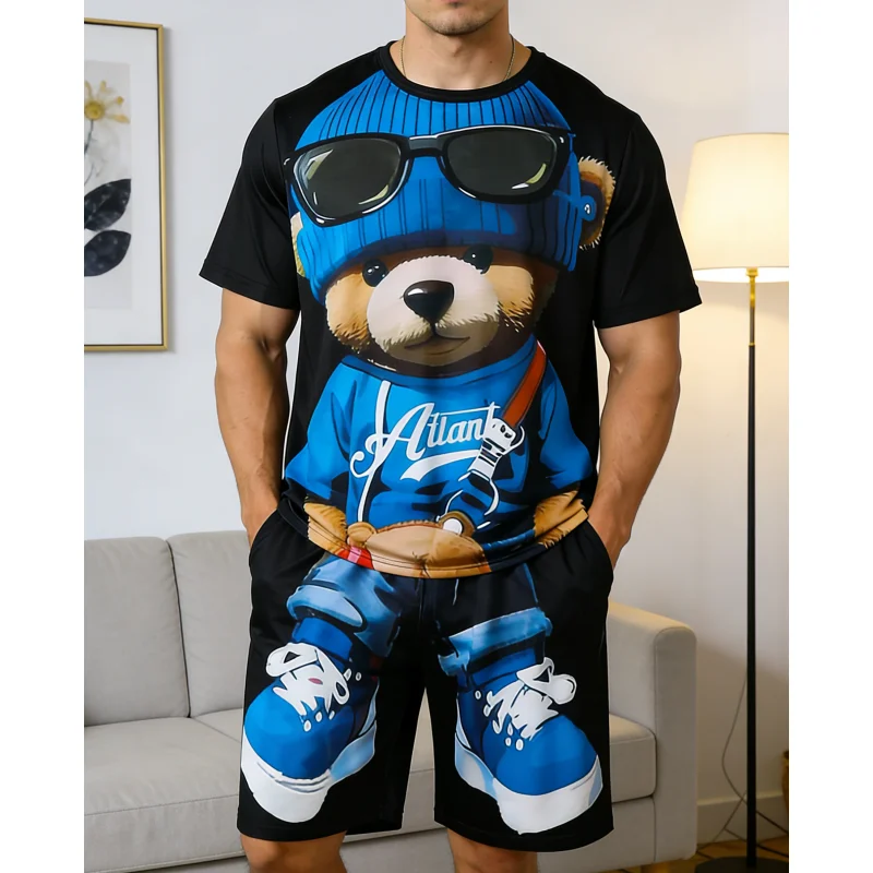 

2026 New Funny Bear Graphic T-shirt Sets 3D Print Suit Summer Casual Tee Two-piece Sets Street Hip Hop Men's Clothing Daily Wear