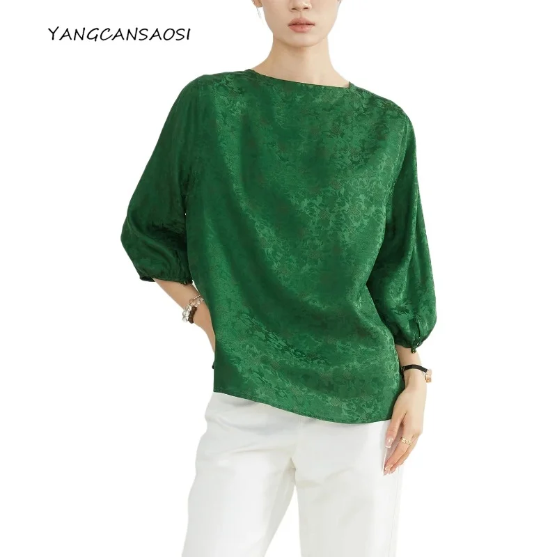 

Women's Chinese Style 100% Natural Mulberry Silk Jacquard Satin Green Purple Round Neck Seven Quarter Sleeve Fashion T-shirt