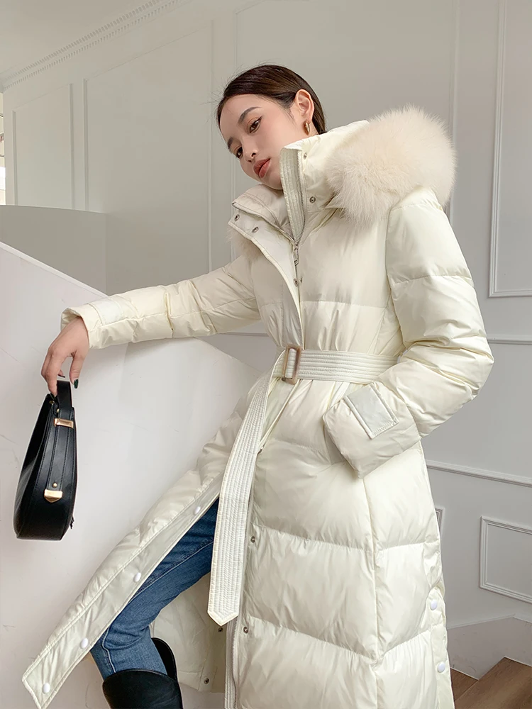 

Ultra-Thi с капюшоном Du down Jaet Женское бежевое пальто с меховым воротником Теплое пальто средней длины для поездок на работу из полиэстера Long Sve