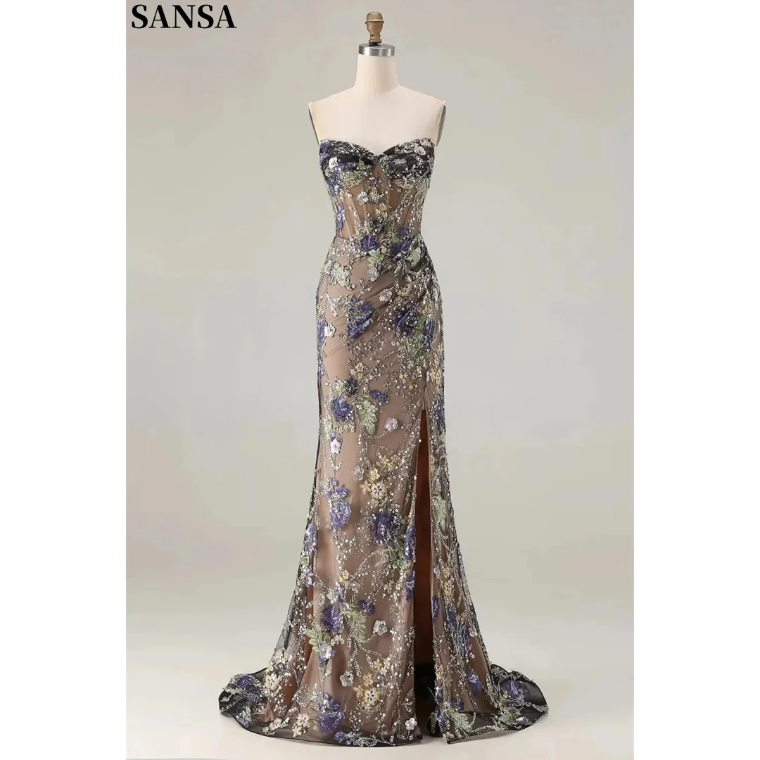 Sansa Customized Purple Floral StraplessProm Dresses Mermaid Silhouettestidos de noche Sheer Mesh Nude Tulle Formal Evening 2026