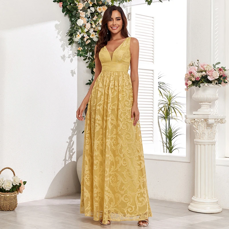

Women Summer 2024 Elegant Sleeveless V Neck Backless Yellow Lace High Waist Prom Cocktail Evening Party Long Maxi dresses