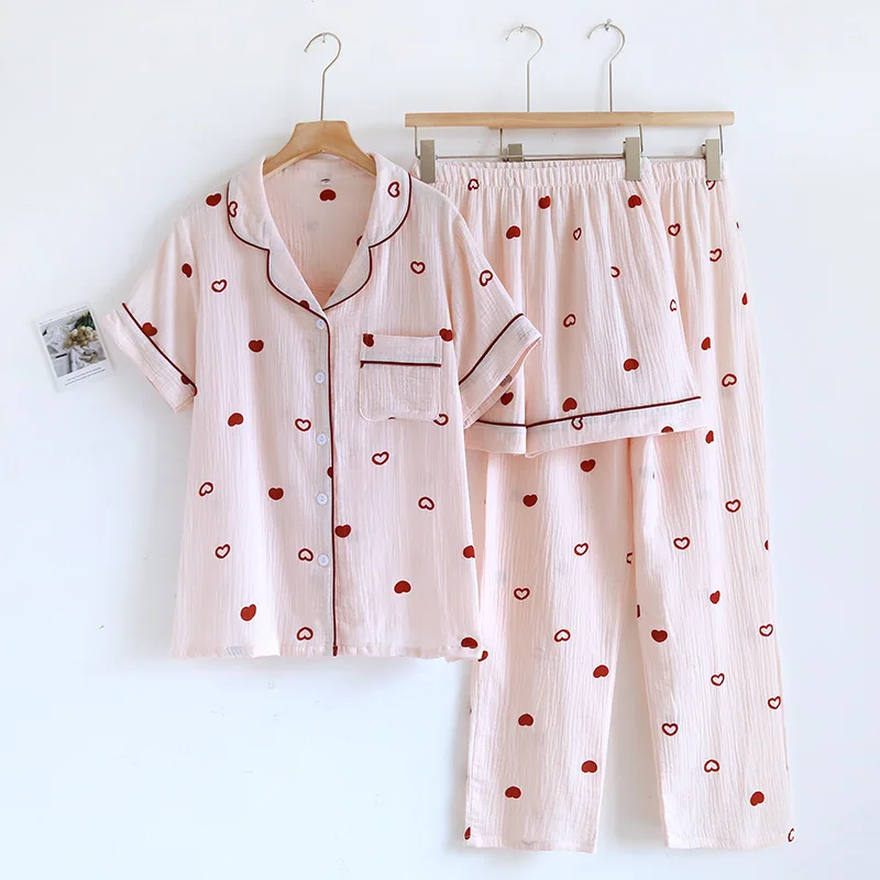 2025 Japanese New Spring/Summer Women's Pajama Set 100% Cotton Crepe Love Short Sleeves+Shorts+Pants Three Piece Loose Home Fury