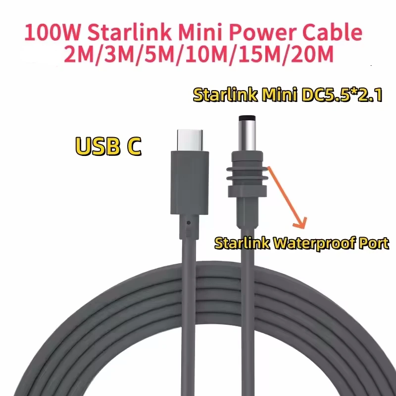 Starlink Mini DC Cable USB C to DC Power Kabel PD 100W 2M/3M/5M/10M/15M/20M Mini Starlink Waterproof Charging Cable for Outdoor