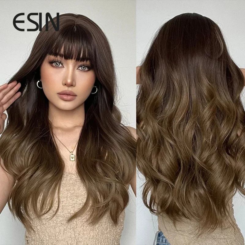 Esin fashion style synthetic hair ombre black to brown long water wave wigs with bangs for Women natural Party heat resistant