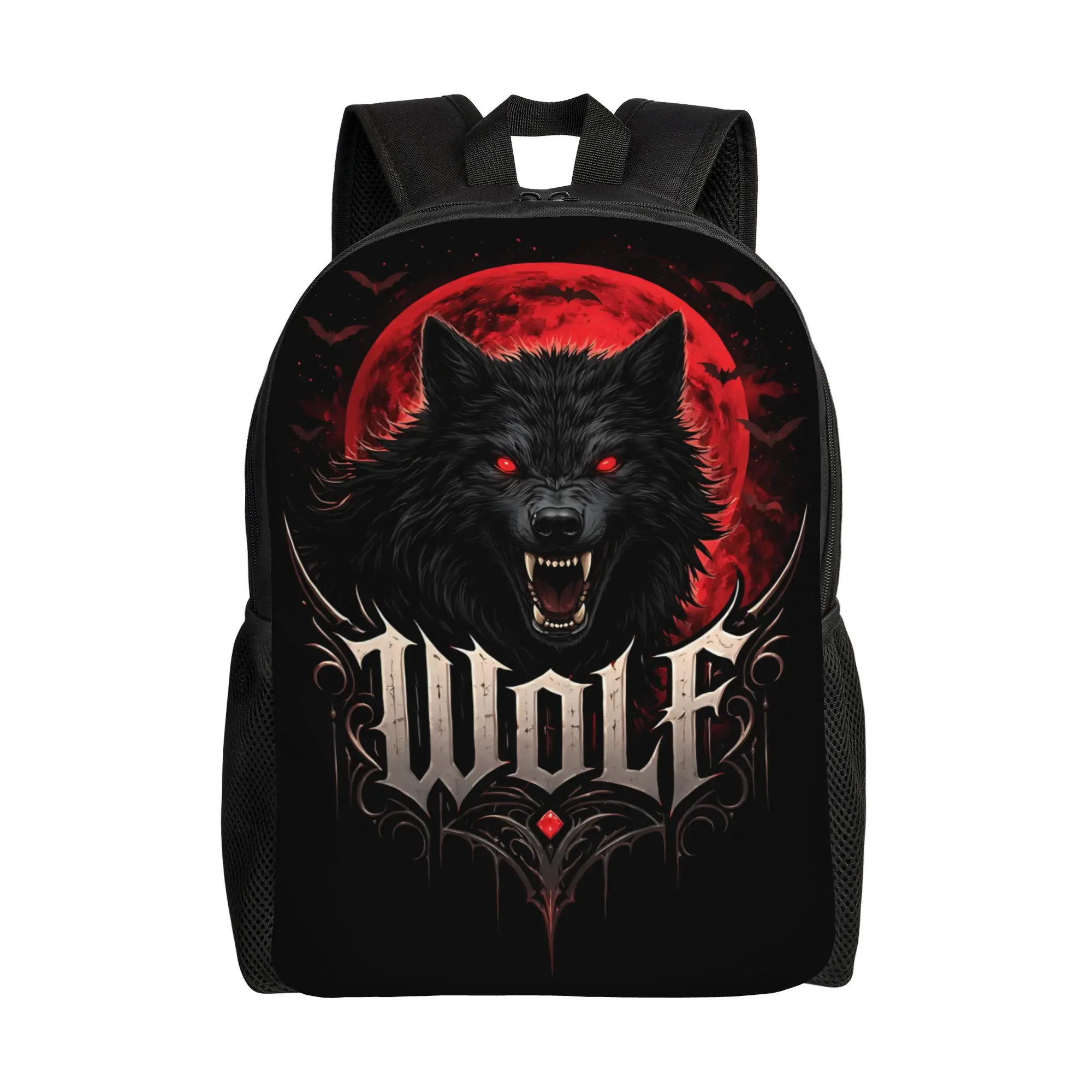 Fashion Halloween Print Dark Wolf Red Moon Art Print backpack  mochila Adjustable Strap Outdoor Retro Washable Rucksack
