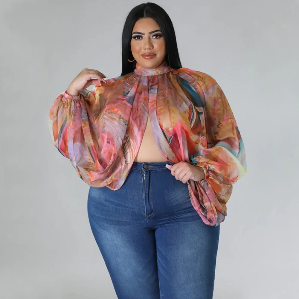 SOMO Plus Size Fashion New Women\'s Round Neck Open Back Chiffon Lace Up Long Sleeve Gradient Print Top Wholesale Dropshipping