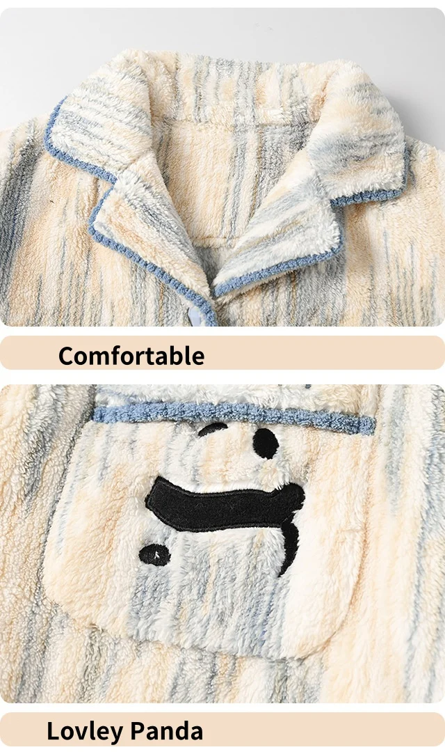 Coral Velvet Couple Pajamas Autumn Winter Women Men Thickened Wearable Cartoon Panda Home Clothing Cardigan Suit