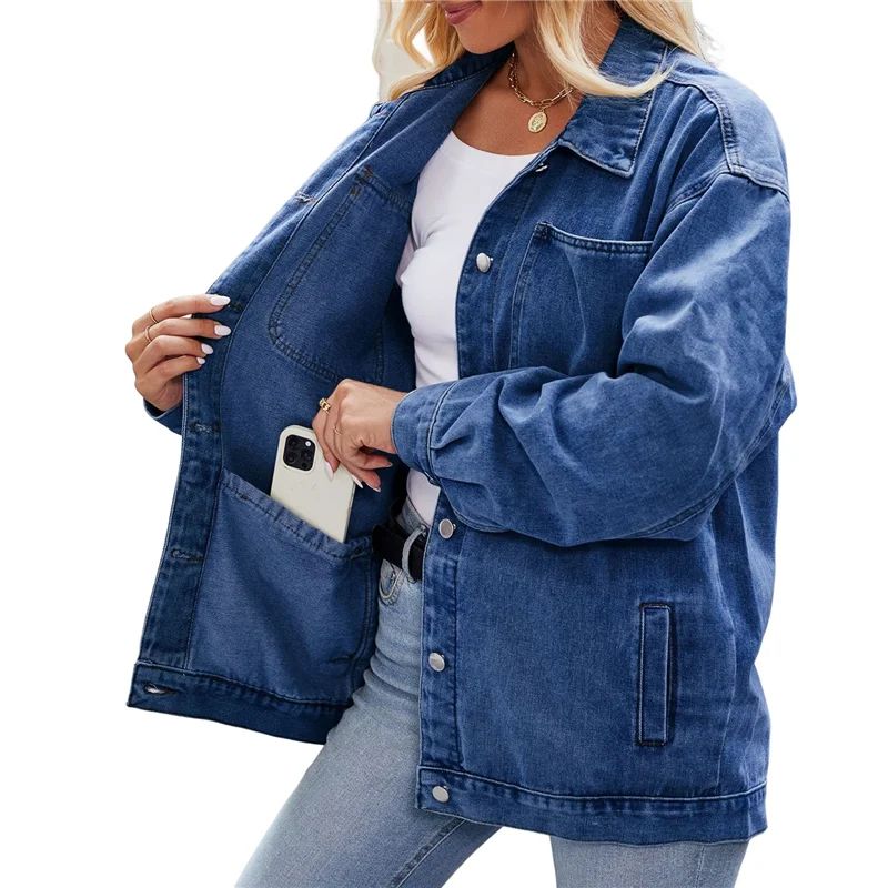 ABRT-Women Casual Long Sleeve Lapel Button Outerwear Loose Boyfriend Style Jacket Fashion Denim Jacket
