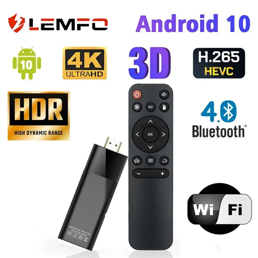 LEMFO-Q6 Smart TV Stick, Android 10, Touriste, Wifi, 4K, HDR10, 2 Go, 16 Go, Mini TV Stick, Android 10.0, Smart TV Box, 1 Go, 8 Go Media First