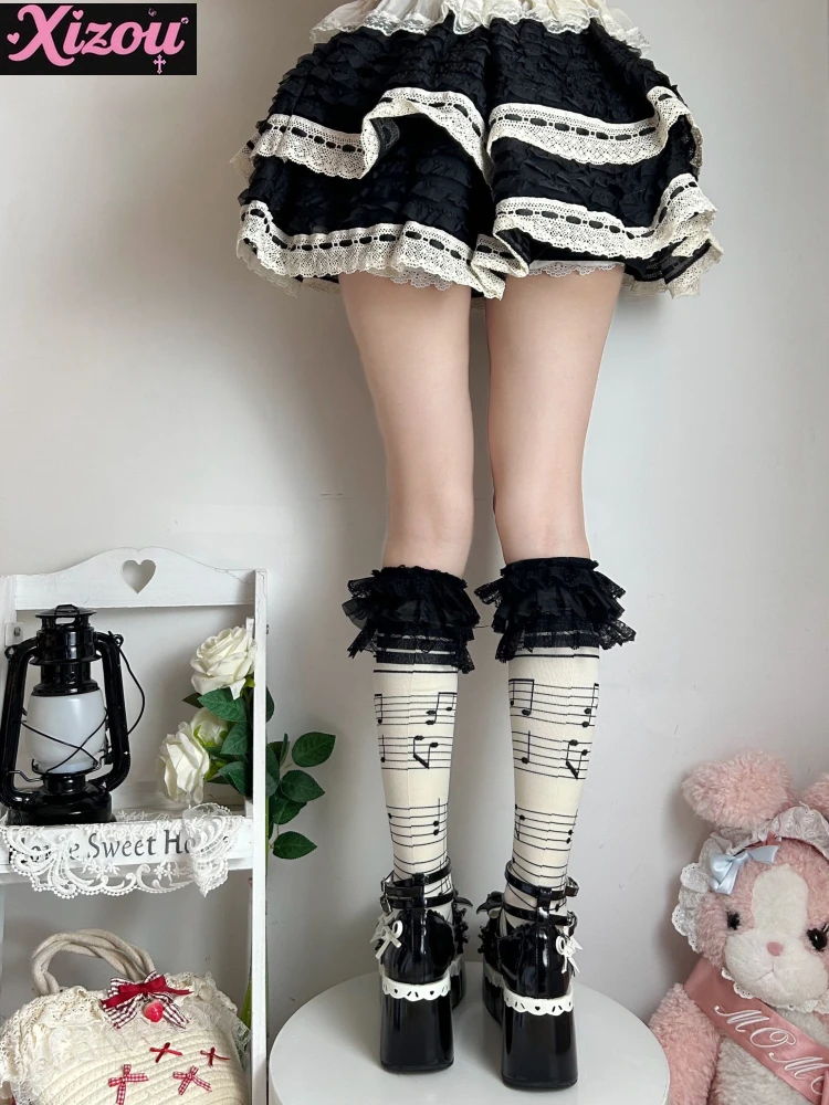 Japanese y2k yabifeng autumn lolita sweet music note black lace calf socks women's pressure socks personality girl tube socks