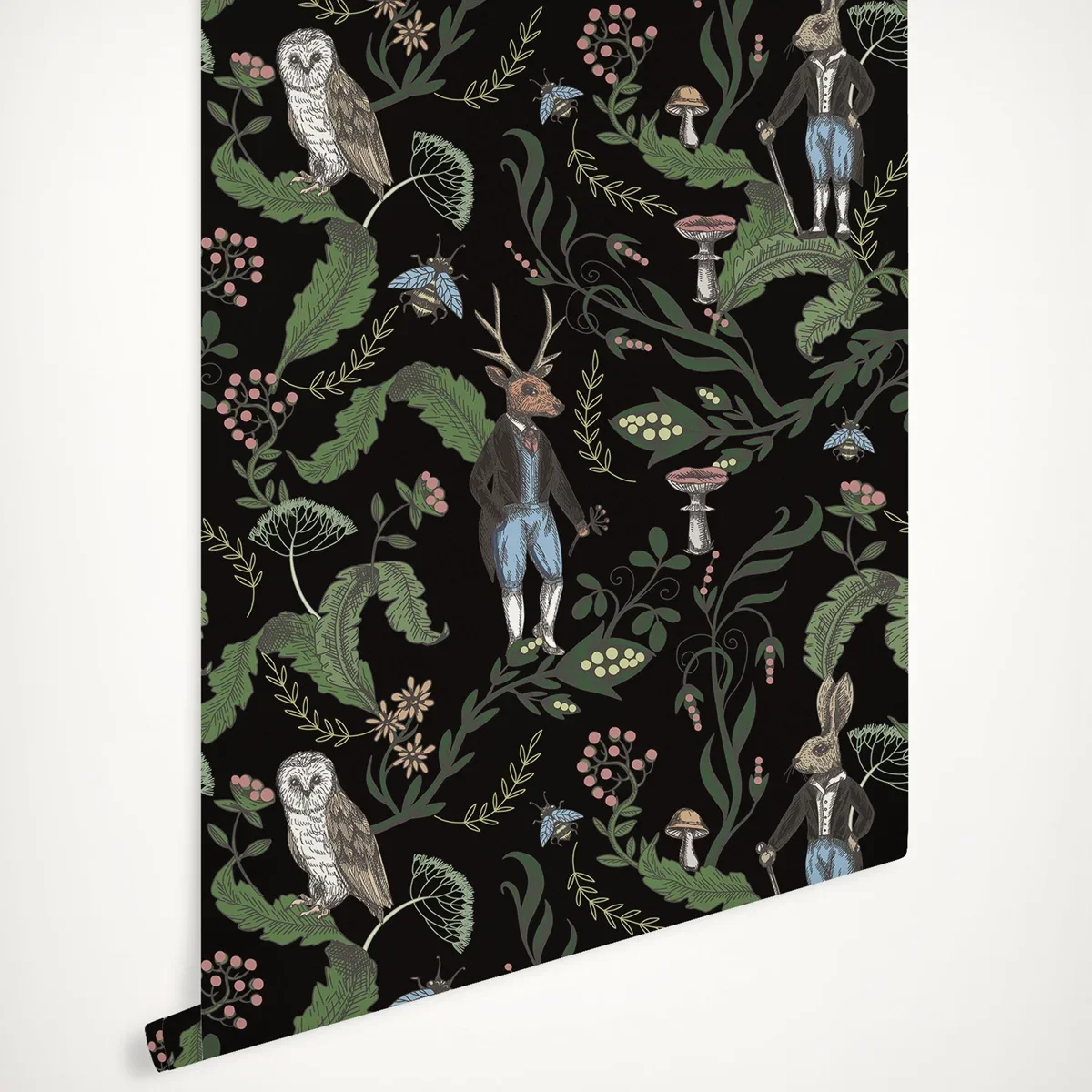 Dark Woodland Animals Wallpaper, Owl, Deer, Rabbit kids wallpaper, Tropical Wallpaper