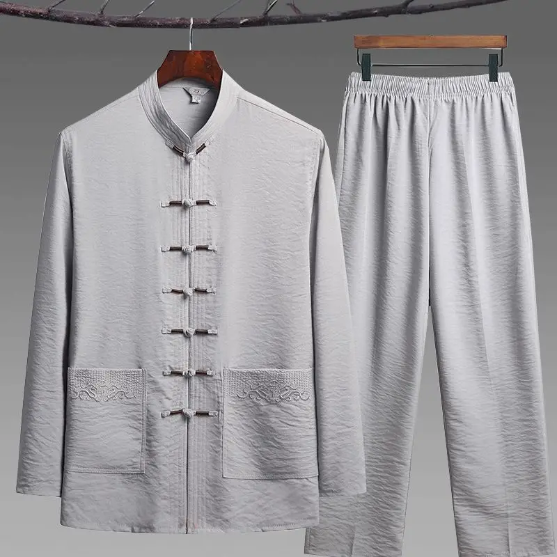 Men Hand Button Tang Suit Shirt&Pants Cotton And Linen Vintage Mandarin Collar Tai Chi Kong Fu Clothing Long Sleeve Cheongsam