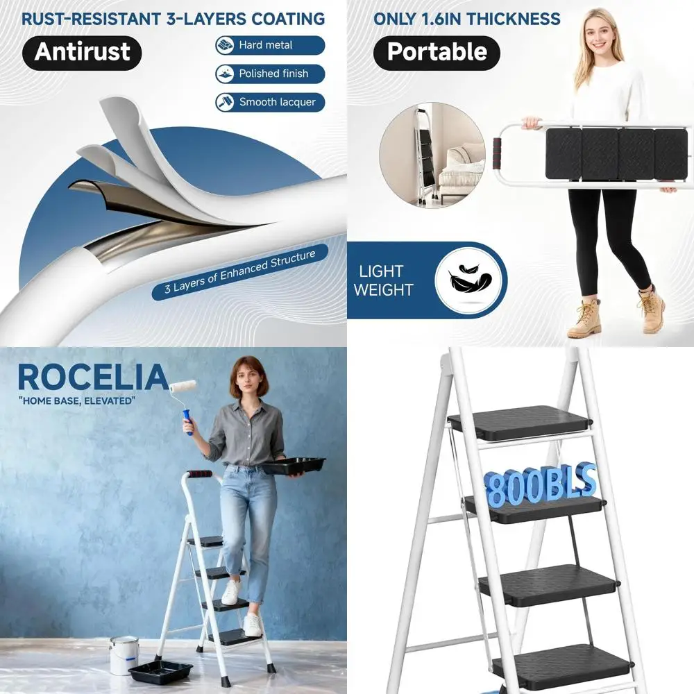 Échelle pliante avec marches antidérapantes, pieds en caoutchouc, main courante, verrouillage sécurisé, portable, capacité 800 lb, blanc
