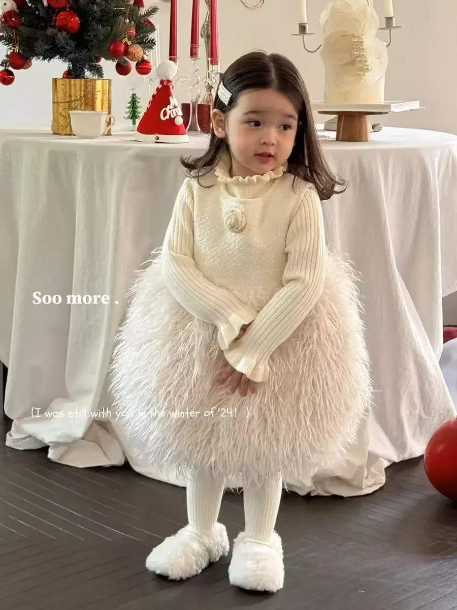

Winter Autumn Warm Thick Black Plus Velvet Floral Sundress+Sweater Girls Princess Kids Party A-Line Elegance Dress Skirt