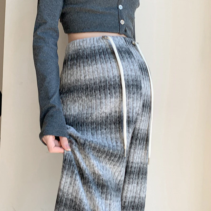 Pregnant Women Fall Winter Fleece Striped Pants Gradient Color Wide-leg Slacks Maternity Casual Pants Comfortable Clothes Wear