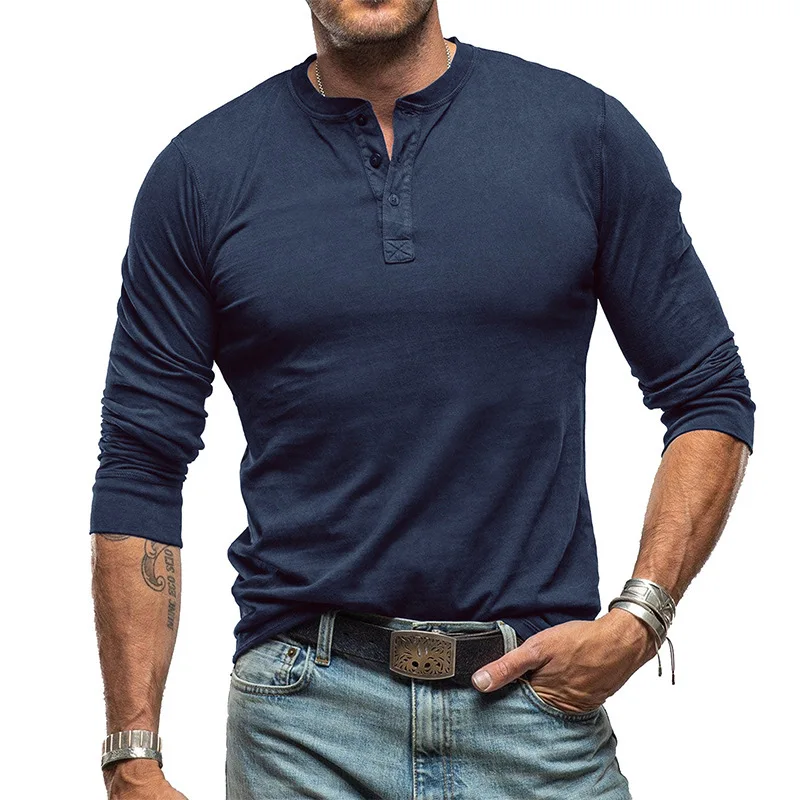 

Men's Long Sleeved T-shirt, Foreign Trade All Cotton Men's Bottom Shirt, European and American Men's Henley Lining Top