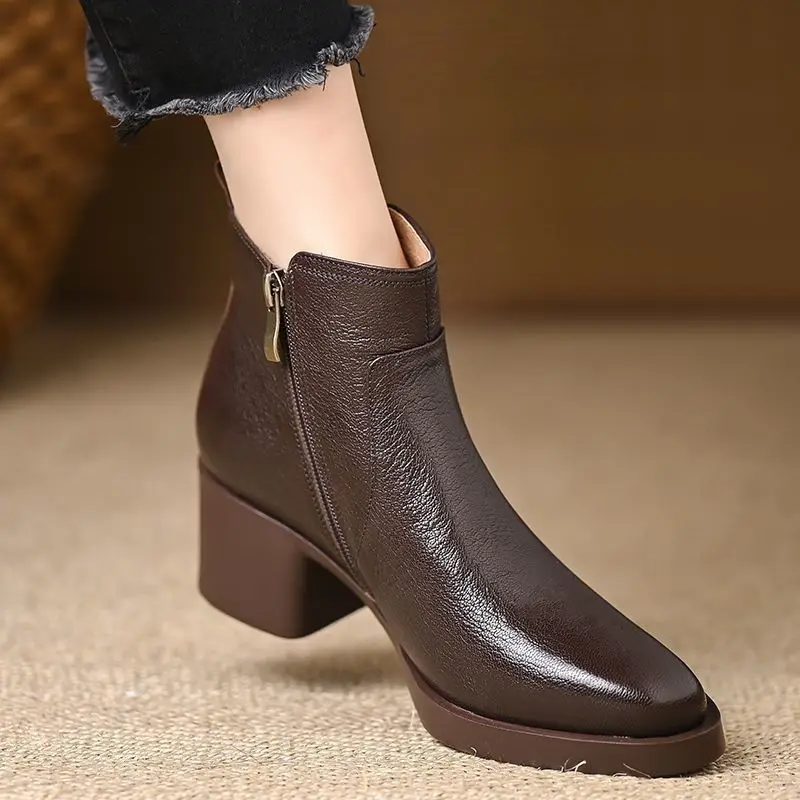 Women Soft Leather Ankle Boots 2026 Fall Winter Retro Thick Sole Warm Short Boot Light Weight Comfort Walking Shoes