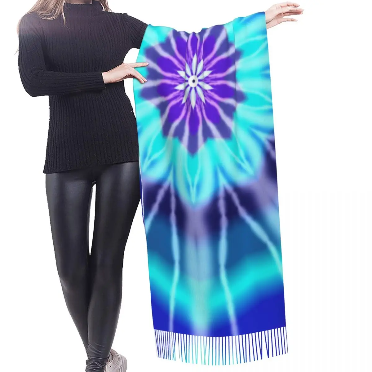 Custom Blue And Purple Tie Dye Scarf Wrap for Women Long Winter Warm Tassel Shawl Unisex Traditional Dyeing Art Scarves