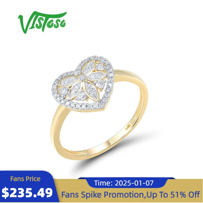 VISTOSO Genuine 14K 585 Yellow Gold Ring For Women Sparkling Diamond Sweet Heart Ring Delicate Wedding Engagement Fine Jewelry