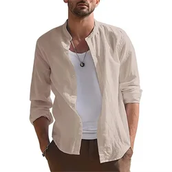 Men's Cotton and Linen Long Sleeved Cozy Shirt Casual Solid Color Blouse Loose Tops Lightweight Tees Slim Fit Mens Shirts