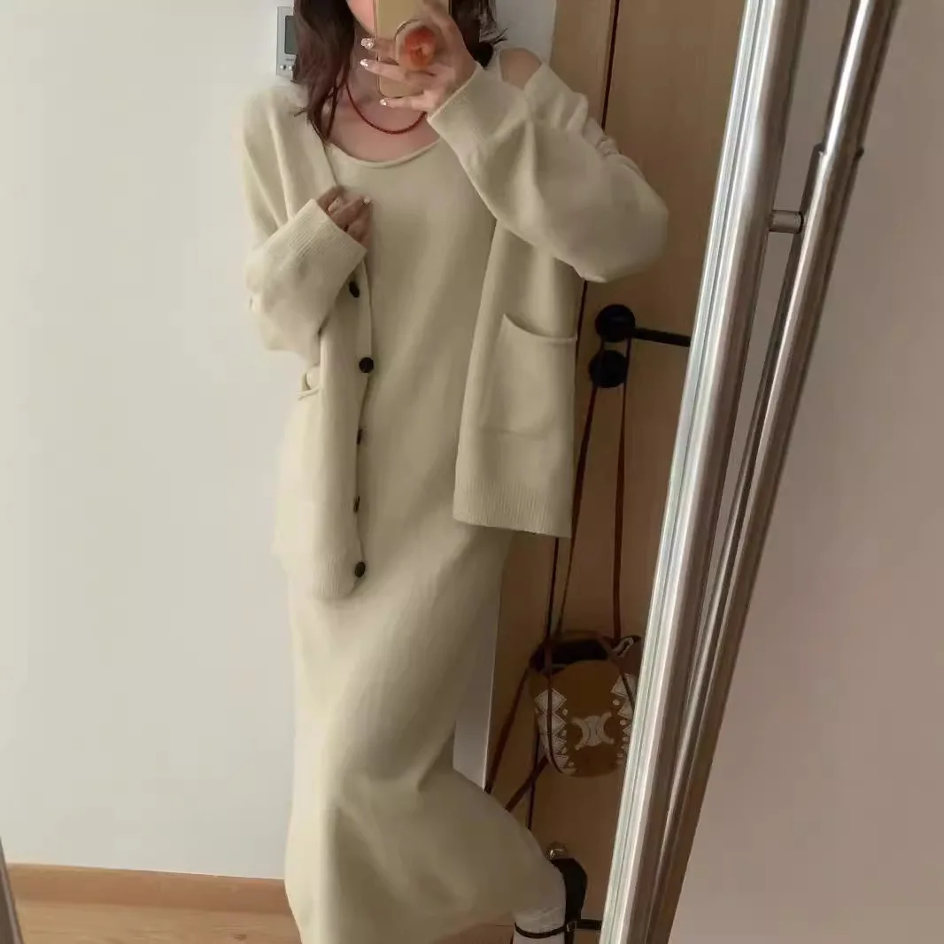 

Loose Knit Cardigan Mid Length Vest Skirt Two-piece Set Autumn and Winter High-end Temperament Sweater Set
