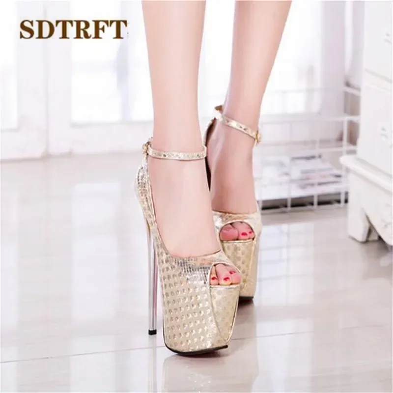 SDTRFT Crossdresser Summer Ankle Strap Sandals Wedding Platforms Shoes Woman 20cm Thin High Heels Sexy Peep Toe Gold Party Pumps