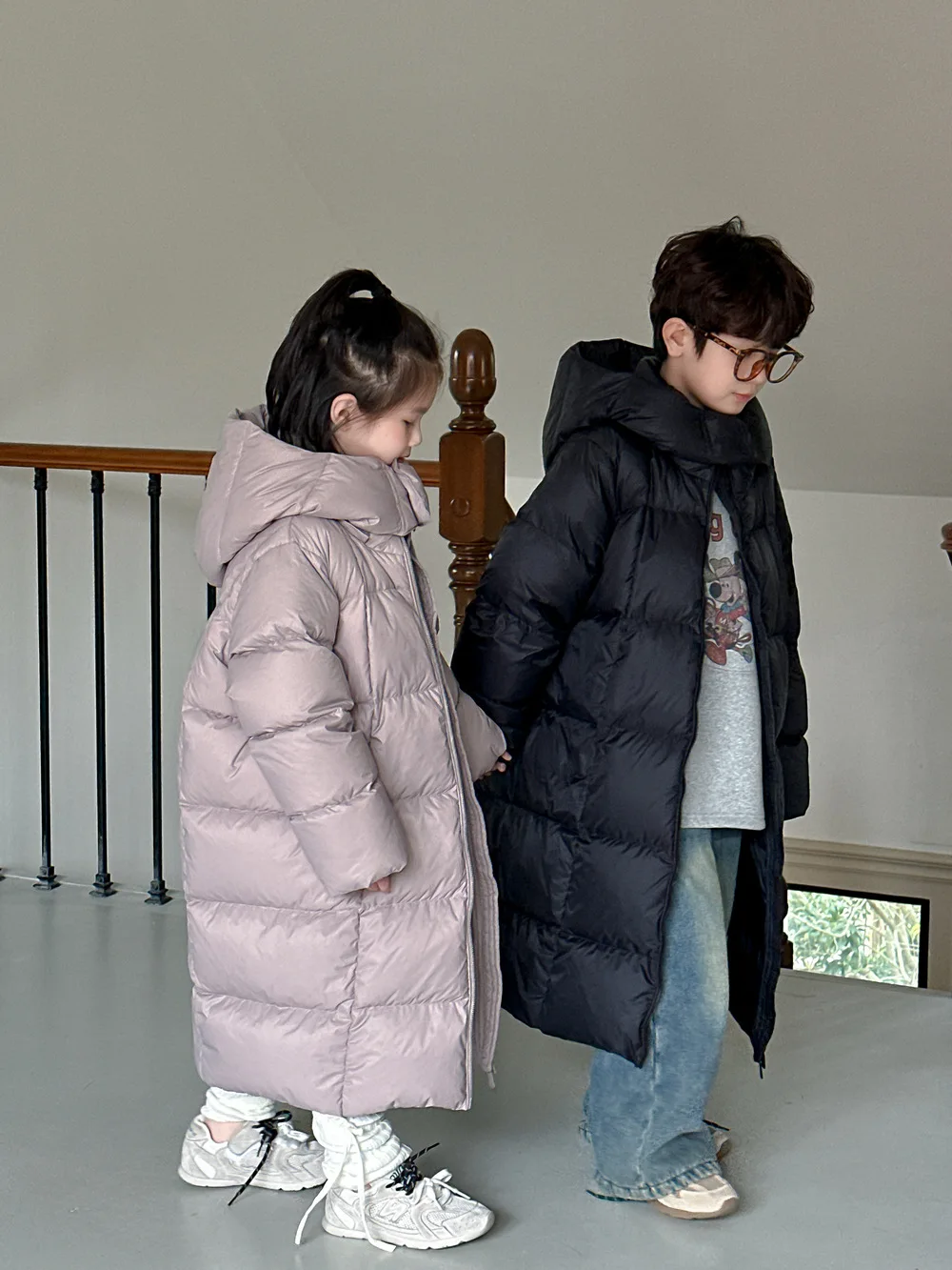 2025 Winter Boys and Girls Solid Color Medium Long Down Jacket Children's Thick Hooded Down Jacket