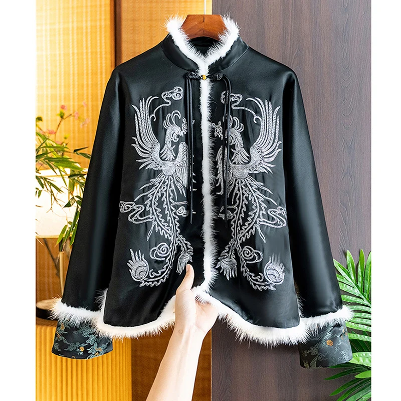 Chinese Style Stand Collar Phoenix Embroidery+Cuff Jacquard  Fashion Women's 2023 Winter New Acetate Fabric Cotton Coat S-XXL