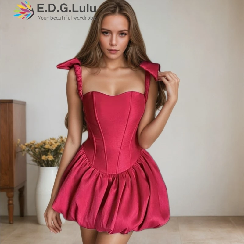 

EDGLuLu Design Off Shoulder Bow Short Sleeves Party Dress Elegant Backless Mini Ball Gown For Women Chic Satin Evening Wear0305