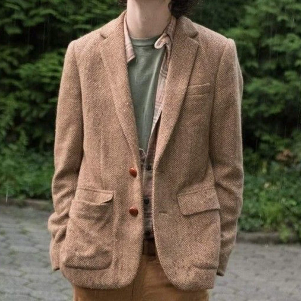 Notched Lapel Coat Men's Coats Herringbone Suit Jackets Outerwear Casual Man Daily Flap Pockets Male Dress Up Clothes Spring