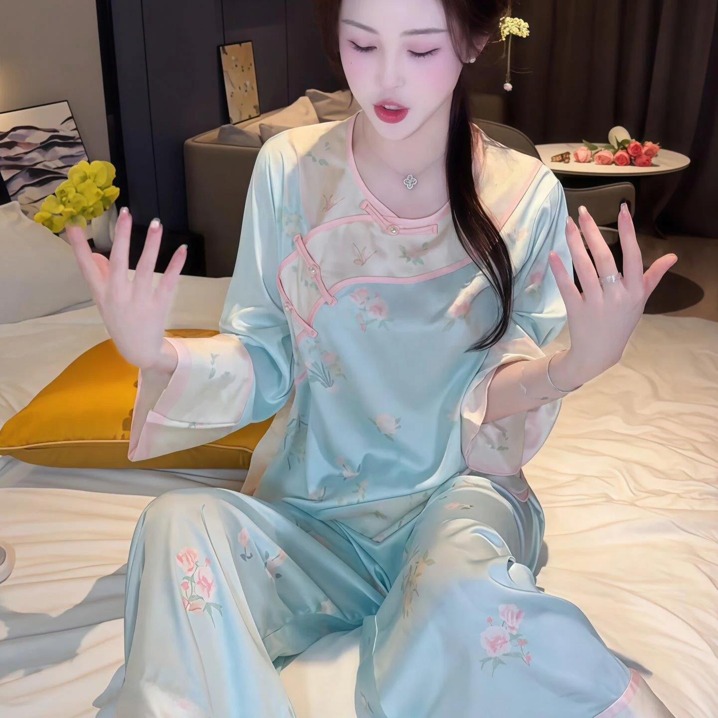 New Chinese Style Women's Sleepwear Set Courtly Home Clothes High-End Feel Summer Sleepwear Soft Polyester Fiber Long Pants