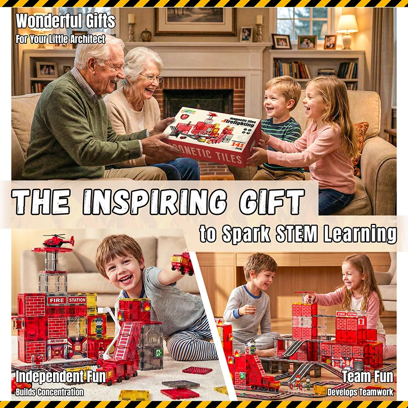 141 stuks magnetische tegels voor kinderen, brandweer thema, magnetische tegels met brandweerkazerne, brandweer voertuigen, STEM educatief speelgoed, cadeaus