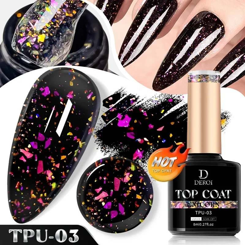 DEROI 8ml No Wipe White Dot Top Coat Glitter Flash Top Coat per Nail Art Aurora Flake Lucido Toppcoat Sigillo Gel UV Polish Manicure